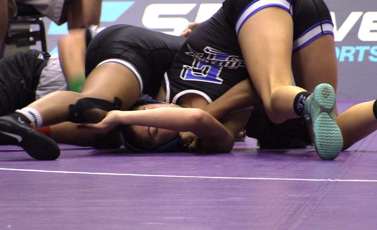 Me’Kala James of Central won by fall over Aubree Kooren of Frontier in 122 pounds at the Central Section Masters at Selland Arena in Fresno, California on Saturday, Feb. 17, 2024.