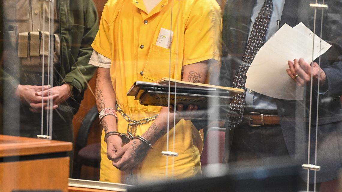 Murder suspect Nathaniel Dixon appears in court with his attorney, senior public defender Scott Baly with the Fresno Public Defender’s Office, during his arraignment hearing for the murder of Selma police officer Gonzalo Carrasco Jr. at Fresno County Superior Court on Friday, Feb. 3, 3023. Judge Samuel Dalesandro ruled that the suspect’s face could not be photographed by the media.