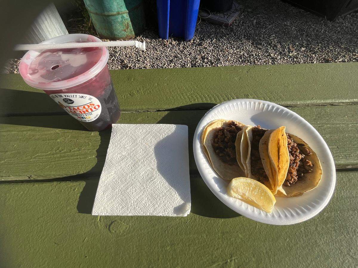 Three tacos of carne asada and Jamaica water at Gazebo Gardens for $16.31