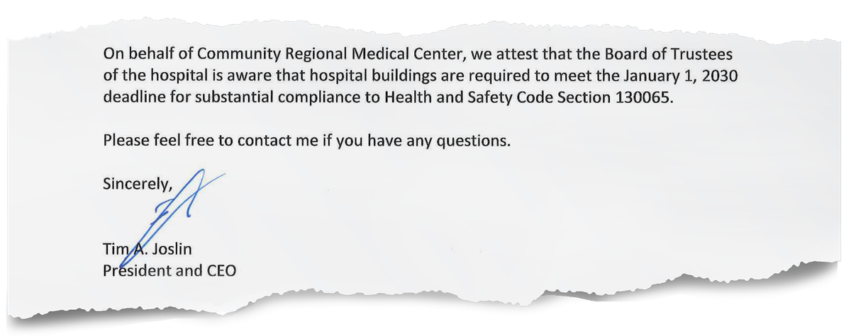 Paper tear-out visual attesting that Tim A. Joslin and the Board of Trustees of Community Regional Medical Center were aware that hospital buildings were required to meet the January 1, 2030 deadline of seismic requirements compliance.