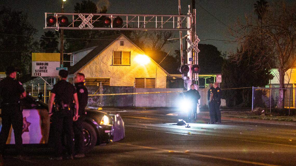 Fresno police investigate a fatal hit-and-run crash involving a pedestrian in the area of Floradora and Cedar avenues on Thursday.