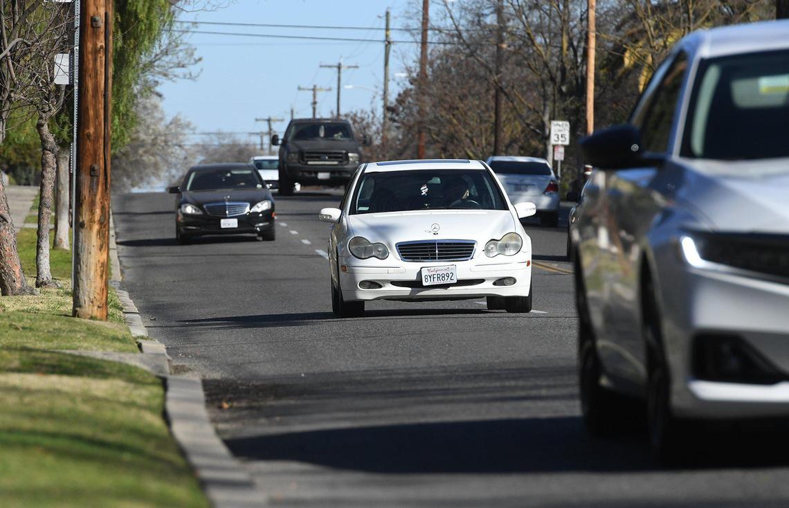 Southbound traffic on Palm Avenue, north of Clinton Avenue, on Feb. 16, 2022, just a few feet from the curb. A bike path will be installed this summer on Palm.