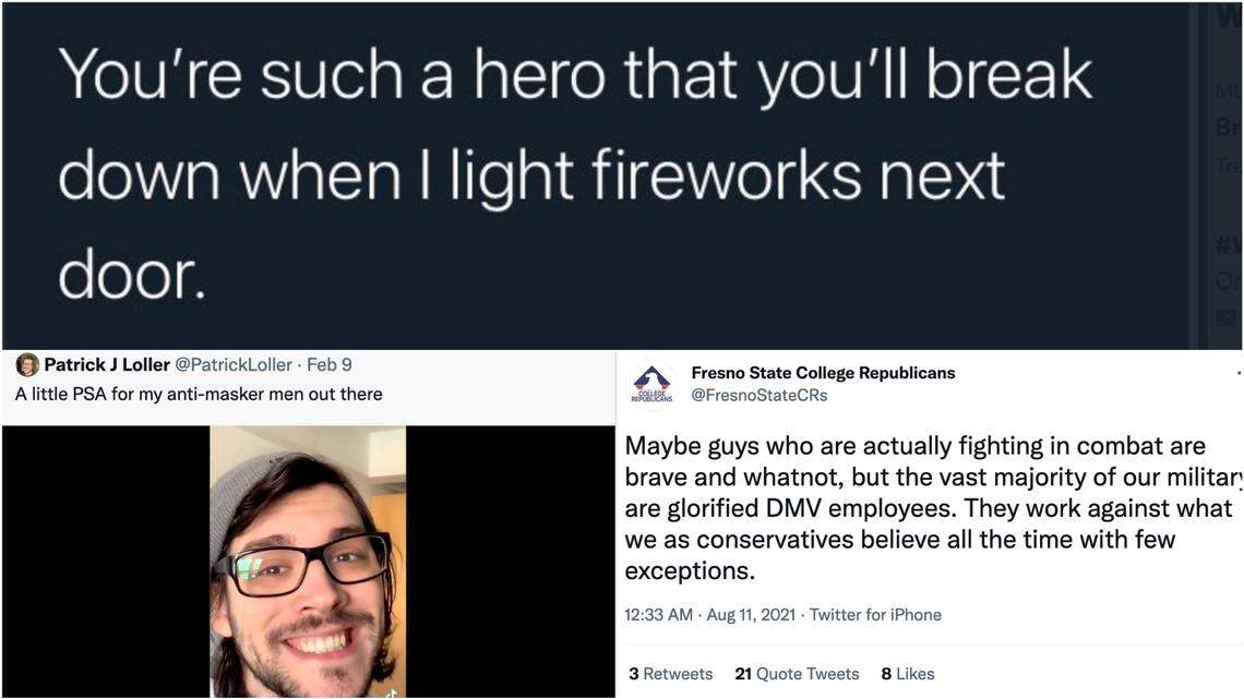 Army veteran-turned-comedian Patrick Loller (bottom left corner) made a video that called anti-mask people as cowards, which promoted the Fresno State Republican Party to respond by making fun of military vets. Then Fresno State administration sent out a tweet to show support of the U.S. military and its veterans.