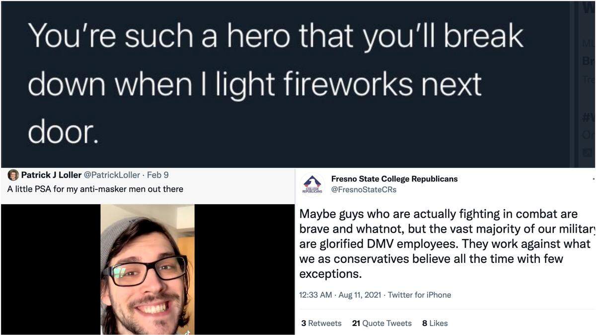 Army veteran-turned-comedian Patrick Loller (bottom left corner) made a video that called out anti-mask people as cowards, which promoted the Fresno State Republican Party to respond by making fun of military vets. Then Fresno State administration sent out a tweet to show support of the U.S. military and its veterans.