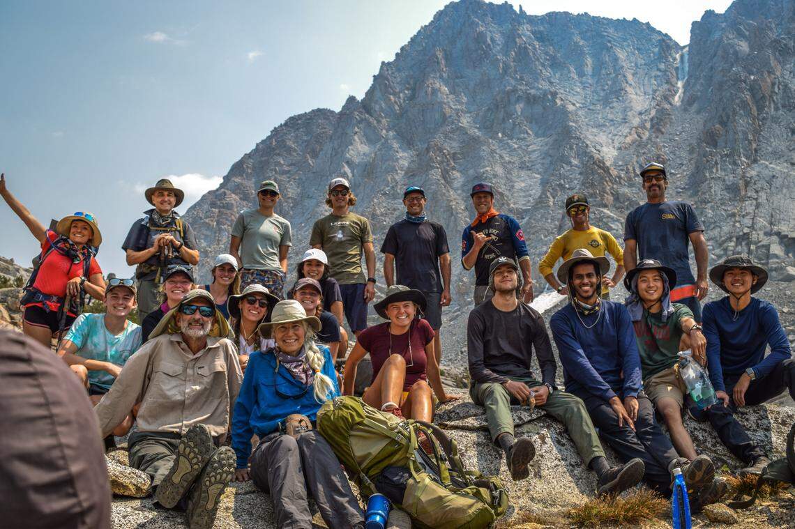 Maycee Ballew, pictured in center in red, with a group of backpackers she crossed the Sierra Nevada with to flee the Creek Fire burning in eastern Fresno and Madera counties.