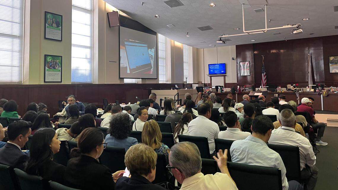 The Fresno Unified School District board meeting room was packed on April 3 as the public voiced concerns over the superintendent search.