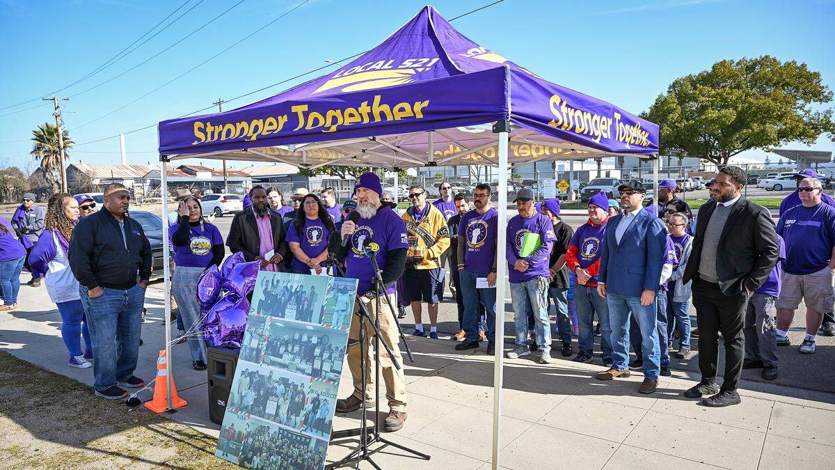 FUSD grounds worker Andrew Martinez speaks during a news conference on Wednesday, Jan. 28, 2026 by FUSD union workers who are fighting for a better contract during a projected budget deficit despite FUSD trustees receiving a 113% pay raise.