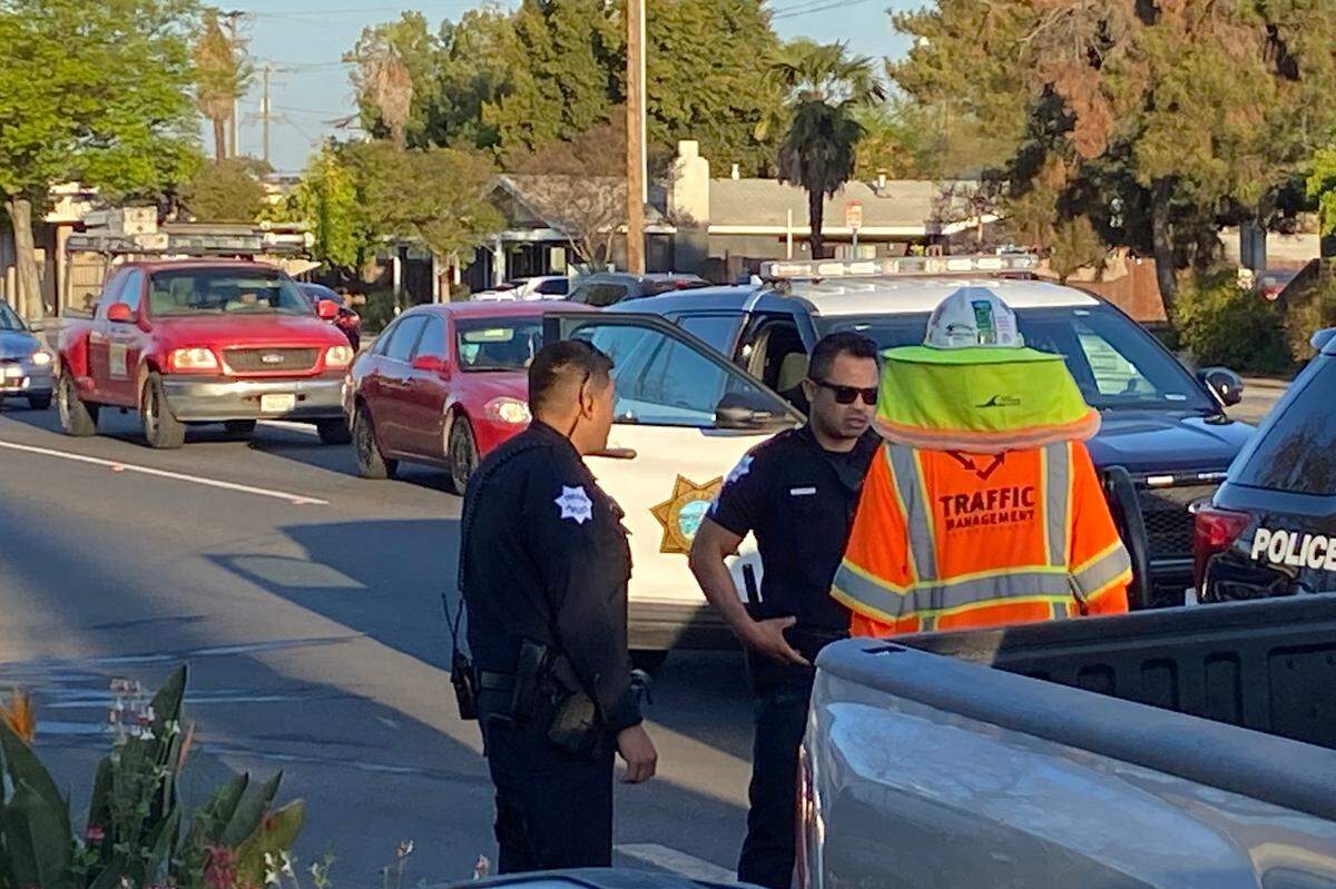 A construction worker was injured while on foot in Fresno when a car struck him around 7:30 a.m. Wednesday, March 23, 2022, on Shields Avenue near Palm Avenue, according to police.