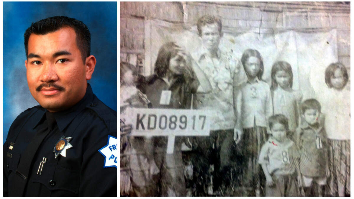 Fresno Police Department Detective Danny Kim in uniform and pictured with his family as a child when they lived in a refugee camp in Thailand.