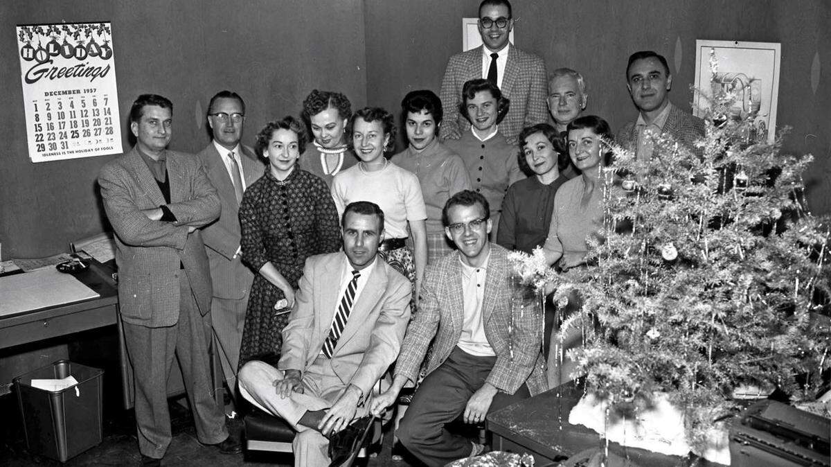 Merced Sun-Star Staff Christmas Party, December 24, 1957. Bik’s Picks’ author’s mom, Gloria Bik, is the 3rd lady from the left (in the white top). Others in the photo include Les Hayes, Zack Horrell, Ann Ford, Wilma Campodonica, Vivian Rhodes, Stan Miller, Oren Allen, Evelyn Raborn, Rosie Rocha, Pat Clausen, Jim Hughes, and Charles Cooke.