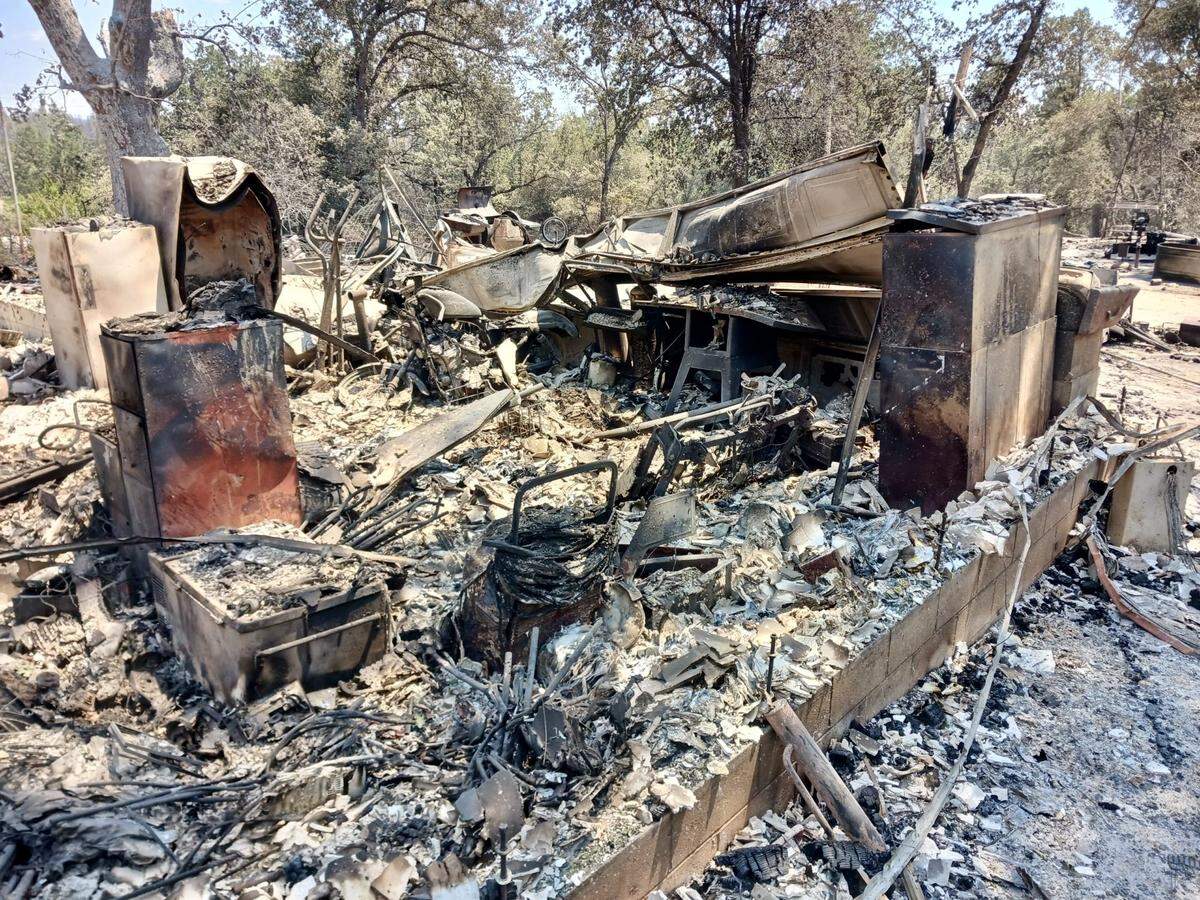 A home destroyed by the 2022 Oak Fire at the Rocking Lazy DJ Bar Ranch off Triangle Road between Bootjack and Midpines, east of Mariposa.