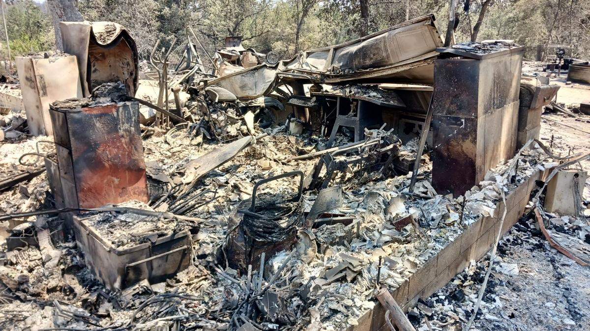 A home destroyed by the 2022 Oak Fire at the Rocking Lazy DJ Bar Ranch off Triangle Road between Bootjack and Midpines, east of Mariposa.