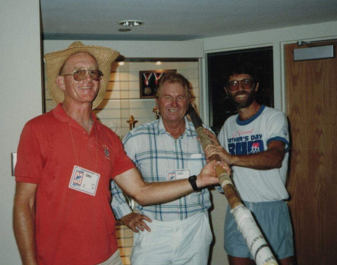 Bob Fraley, center, coached track and field for 65 years, including 28 years at Fresno State with eight as the head coach. Fraley was considered a pole vault expert. He died at 88 years old.
