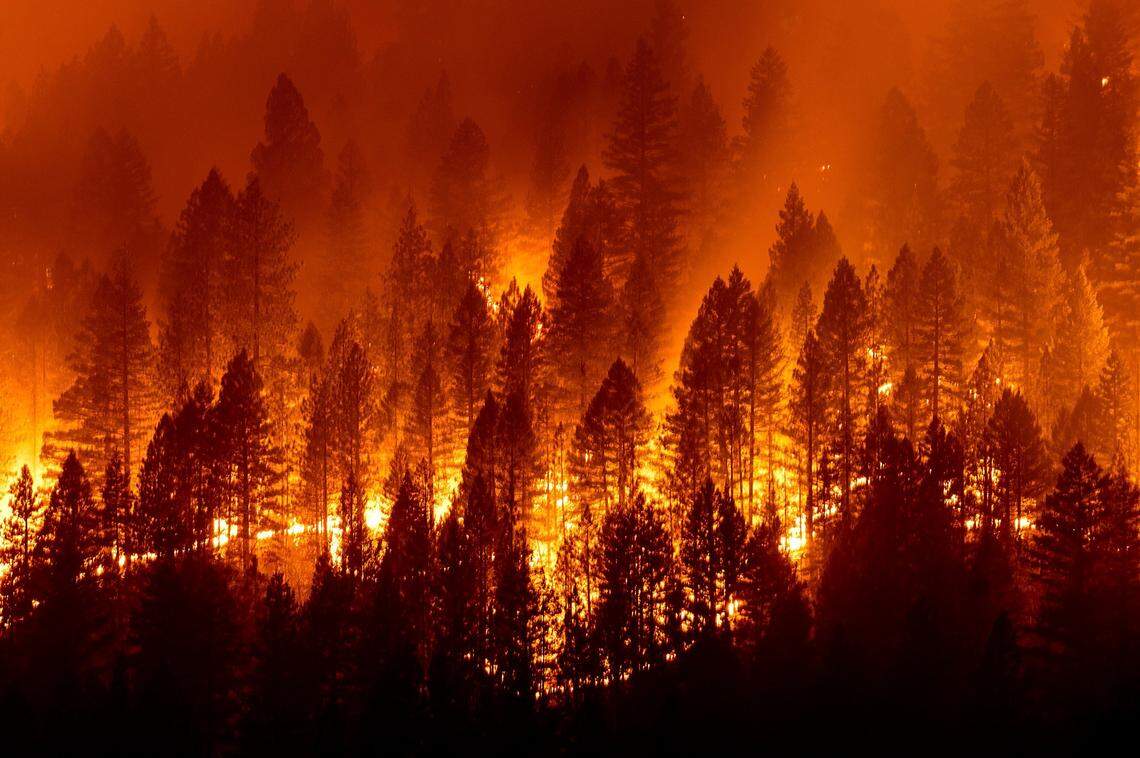 The Dixie Fire burns down a hillside toward Diamond Mountain Road near Taylorsville in Plumas County, Calif., on Friday, Aug. 13, 2021.