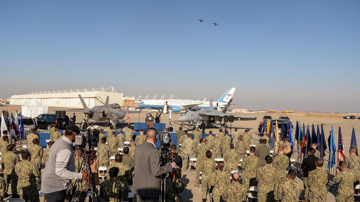 Vice President Mike Pence and Second Lady Karen Pence watch as U.S. Navy jets conduct a flyover as he was speaking in front of airmen and women at Lemoore Naval Air Station on Saturday, Jan. 16, 2021.