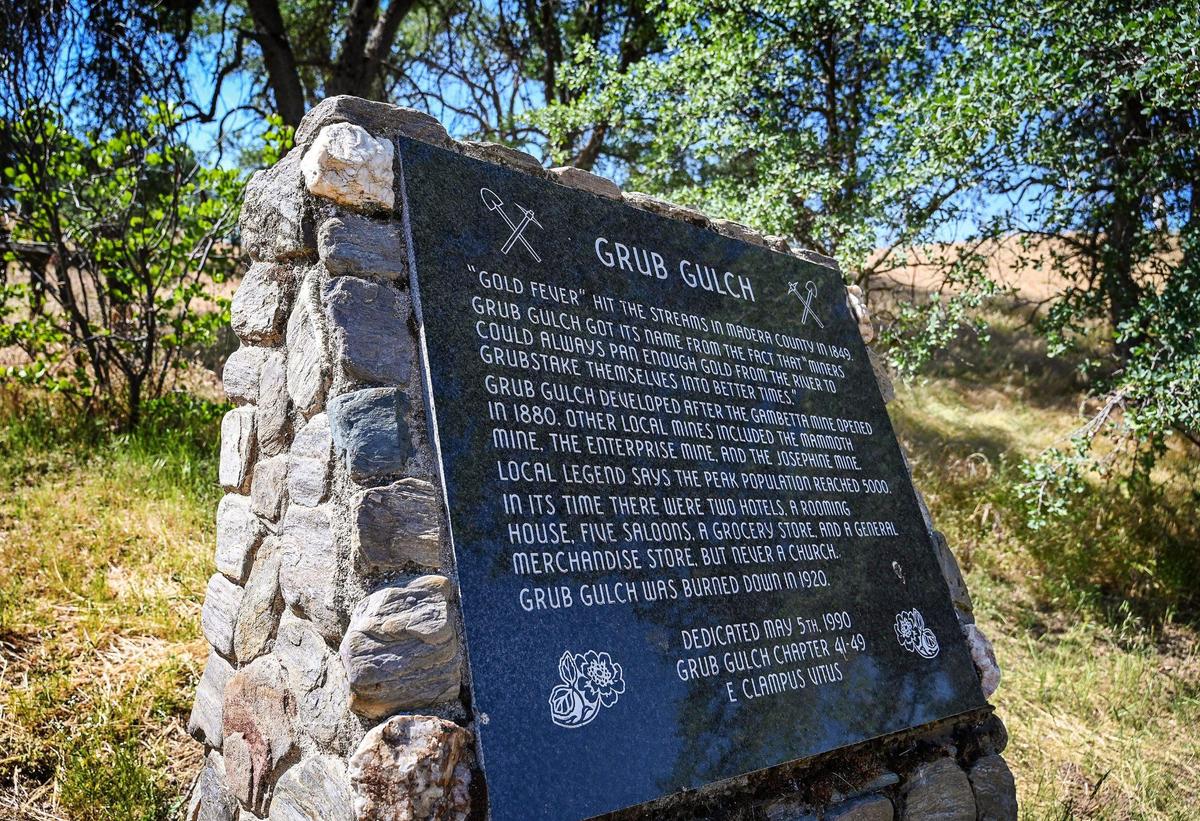 A monument marks the location of he old Grub Gulch mining town, which is part of the Wright Ranch off Road 600 in Madera County on Wednesday, May 27, 2022. The Wright Ranch was recently acquired as a conservation easement by the Sierra Foothill Conservancy.