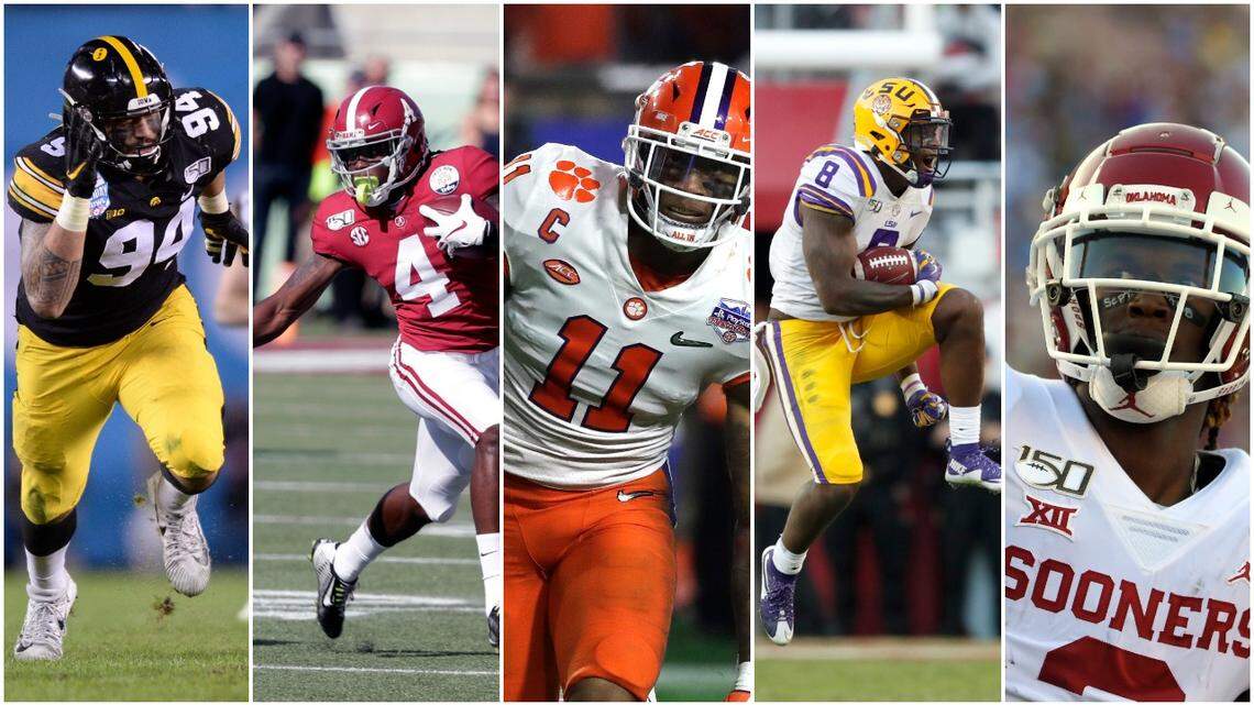 The Las Vegas Raiders have two first-round draft selections to make in the 2020 NFL Draft. Among the players the Raiders could draft are from left to right: Iowa DE A.J. Epenesa, Alabama WR Jerry Jeudy, Clemson LB Isaiah Simmons, LB Patrick Queen and Oklahoma WR CeeDee Lamb.