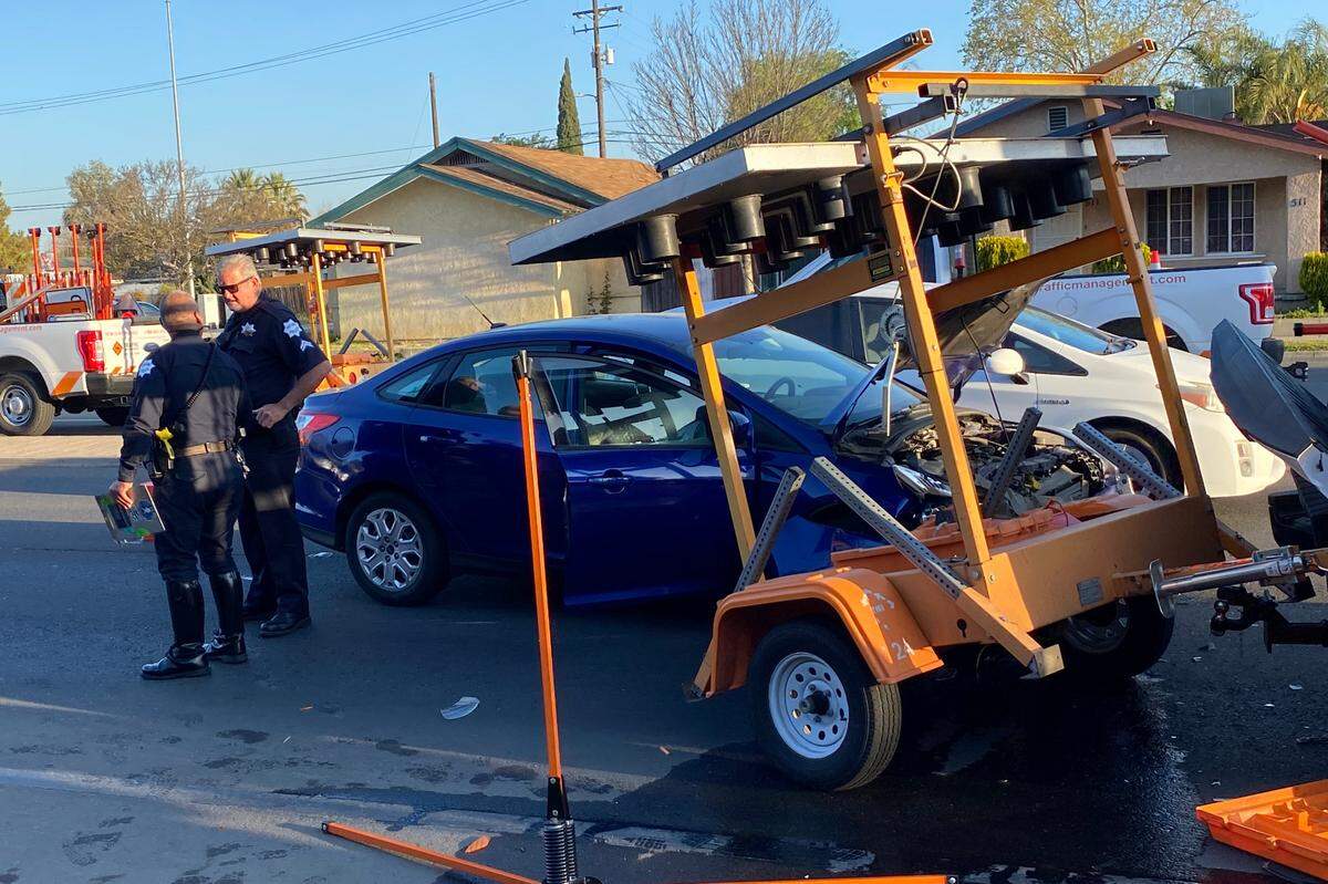 A construction worker was injured while on foot in Fresno when a car struck him around 7:30 a.m. Wednesday, March 23, 2022, on Shields Avenue near Palm Avenue, according to police.