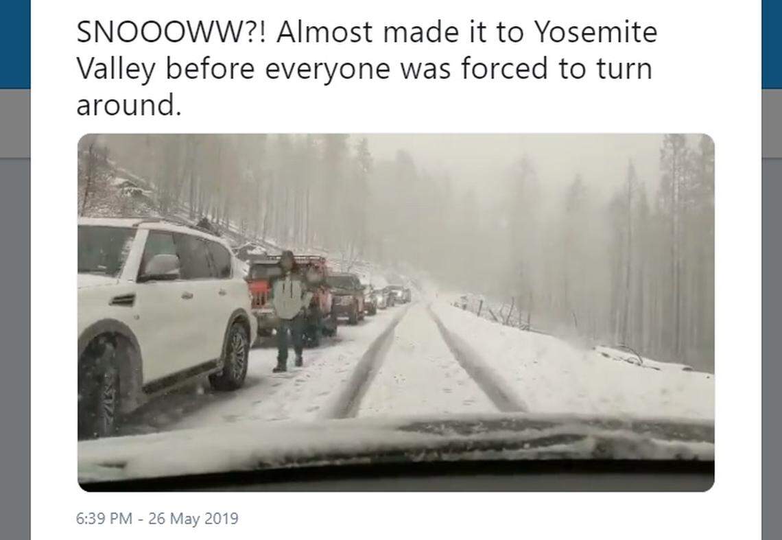 Screenshot of a snow video in Yosemite National Park, shared by Twitter user @sothearyv on May 26, 2019.
