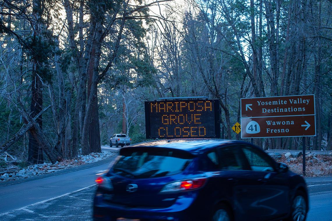Signs alert visitors that the parts of the Yosemite National Park are closed on Wednesday, January 2, 2019 due to Federal budget shutdown.