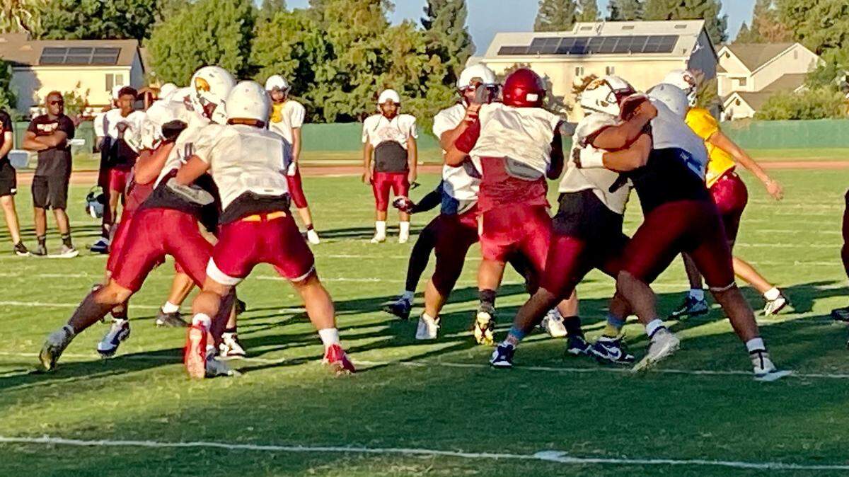 Clovis West during football practice on Tuesday, Aug. 29, 2023. The Golden Eagles faces Lemoore at 7:30 p.m. Friday at Veterans Memorial Stadium.
