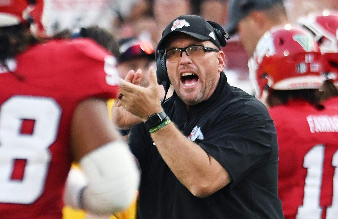 Fresno State head coach Matt Entz seen along the sideline against Georgia Southern Saturday, Aug. 30, 2025 in Fresno.