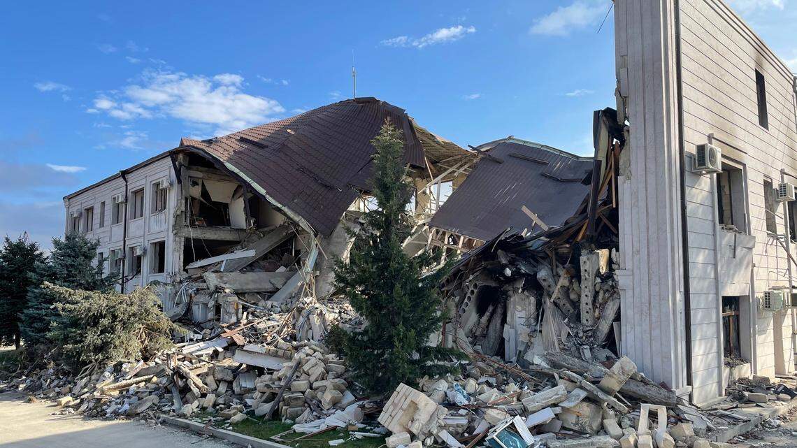 The electricity building in Stepanakert, destroyed in the recent conflict with Azerbaijan forces. It is the largest city of the self-proclaimed Republic of Artsakh.