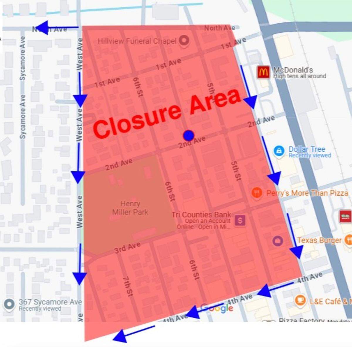 A gas main leak in Gustine has forced the closure of several roads.