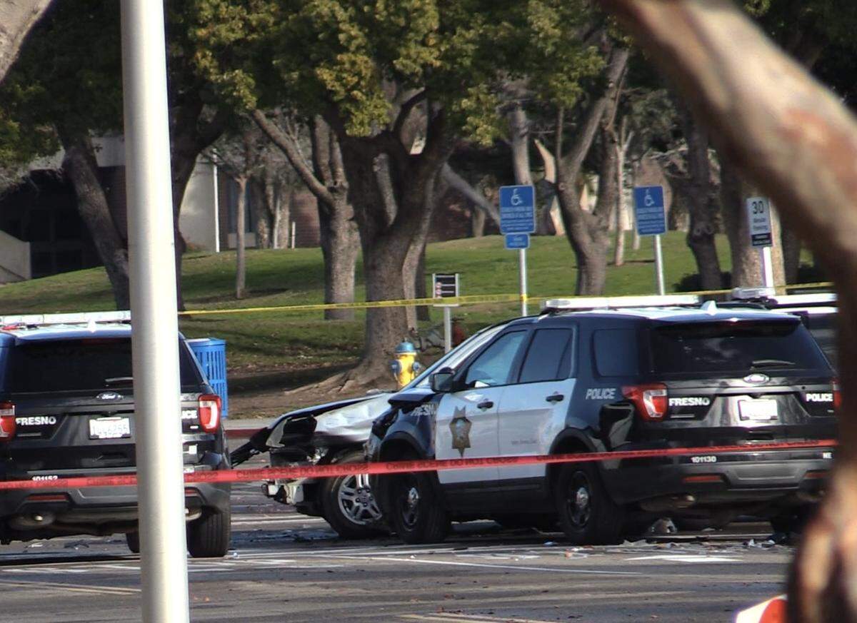 View of the suspects vehicle seen with damage after officers deployed the pursuit intervention technique to stop the vehicle on Sunday, Jan. 26, 2025.