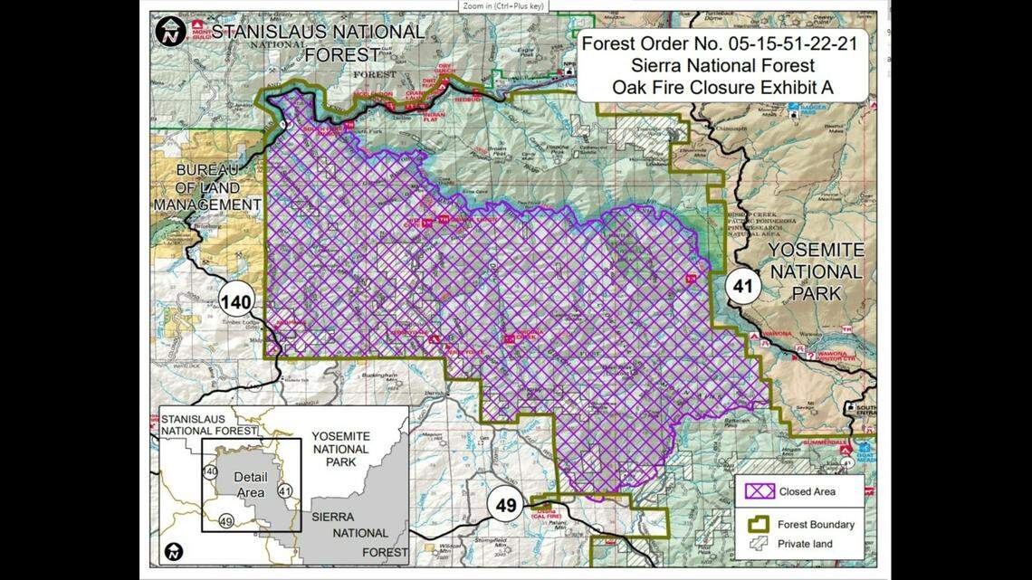 The U.S. Forest Service has shut down a section of the Sierra National Forest affected by the Oak Fire and several wildfires from past years to make repairs and assessments related to safety concerns for about a month, officials said Friday.