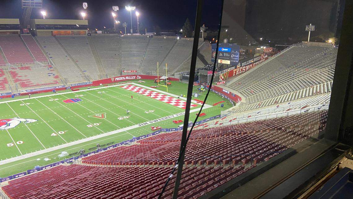 Two Fresno State fans were injured by falling glass when a staff member punched out a window in the coaches booth in the press box at Valley Children’s Stadium.