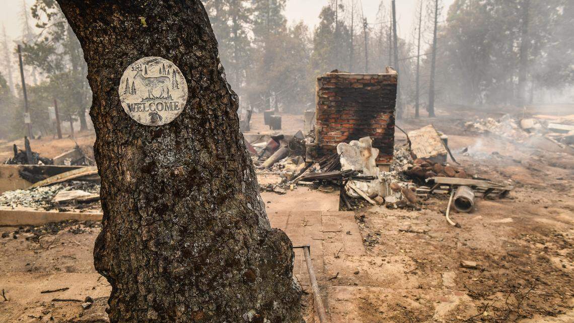 A cabin in Shaver Lake appears burned to the ground by the Creek Fire on Tuesday, Sept. 8, 2020. Several homes in the Shaver Lake Heights area west of the business area were burned in the fire, but many more were spared.