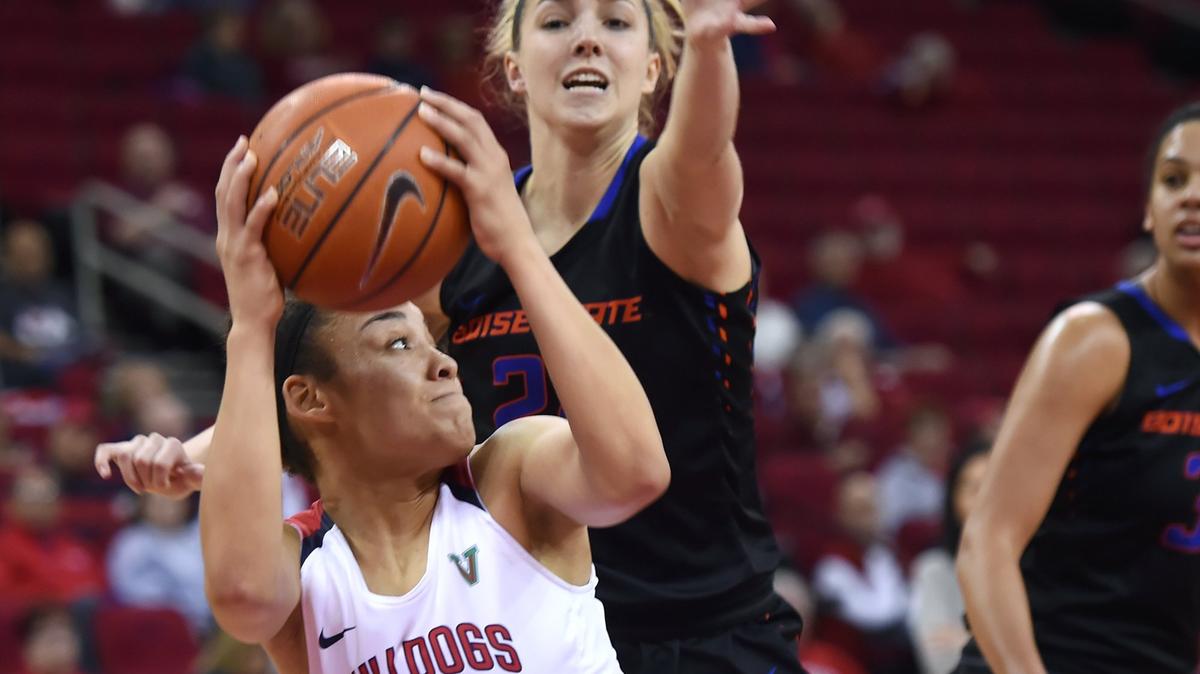 Fresno State’s Candice White, bottom, with Boise State’s Ellie Woerner, background, Saturday, Jan. 19, 2019 in Fresno. Fresno State lost to Boise 72-60.