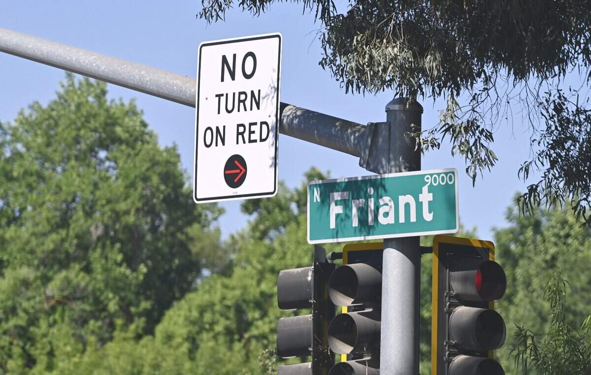 Traffic warning seen along Friant Road at Shepherd Avenue Friday, July 10, 2026.