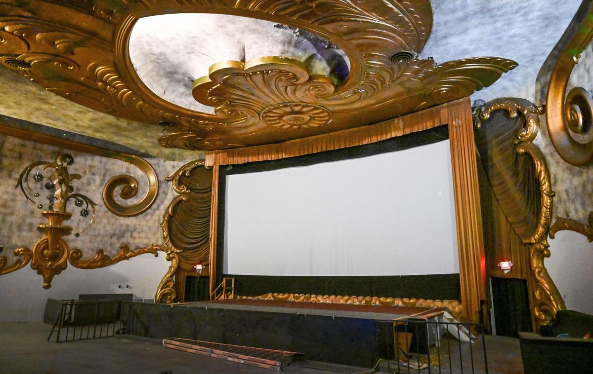 A large cinema screen sits in the middle of the ornate decor of the Historic Crest Theatre on Broadway Plaza in downtown Fresno. Built in 1949, the Art Deco-style theatre is family-owned and hosts musicals, films, concerts as well as other public and private events. Owners are currently raising money through GoFundMe to replace the air conditioning unit that failed during the pandemic.