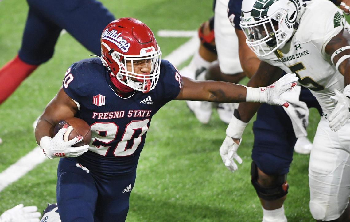 Fresno State running back Ronnie Rivers runs up the middle against Colorado State during their game at Bulldog Stadium on Thursday, Oct. 29, 2020.