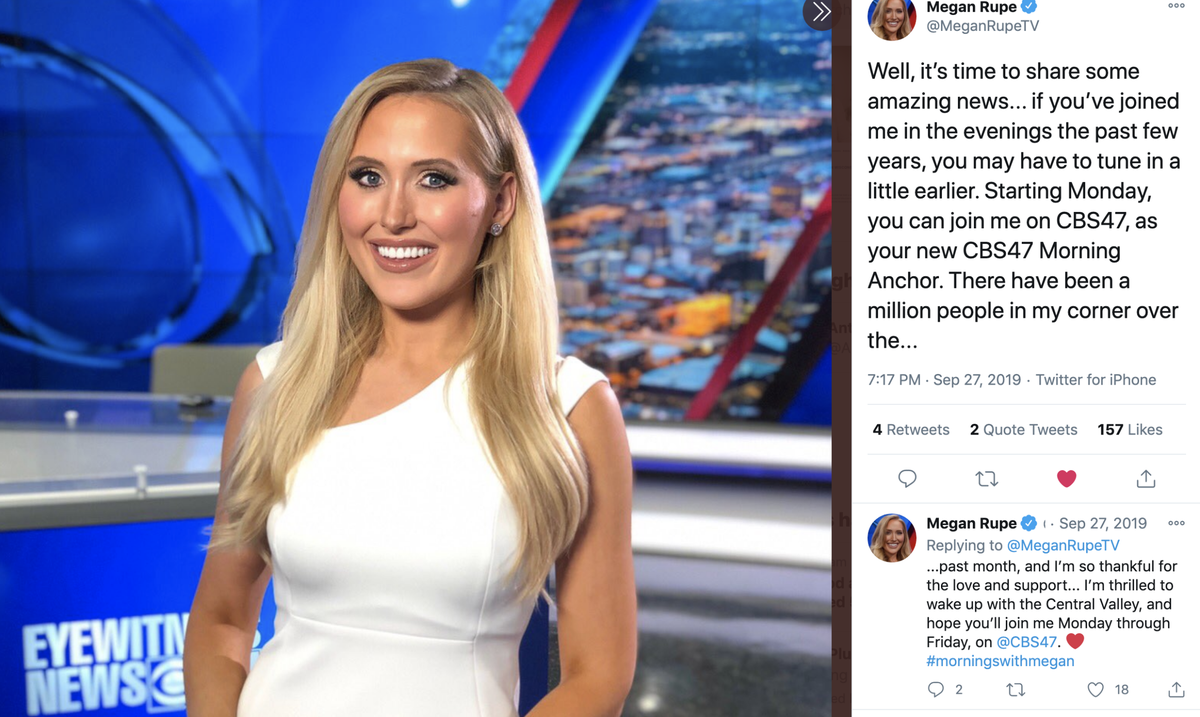 Fresno TV anchor Megan Rupe announced Thursday that she tested positive for COVID-19. The CBS-47 Eyewitness News anchor says she’s doing fine and experienced only mild symptoms.