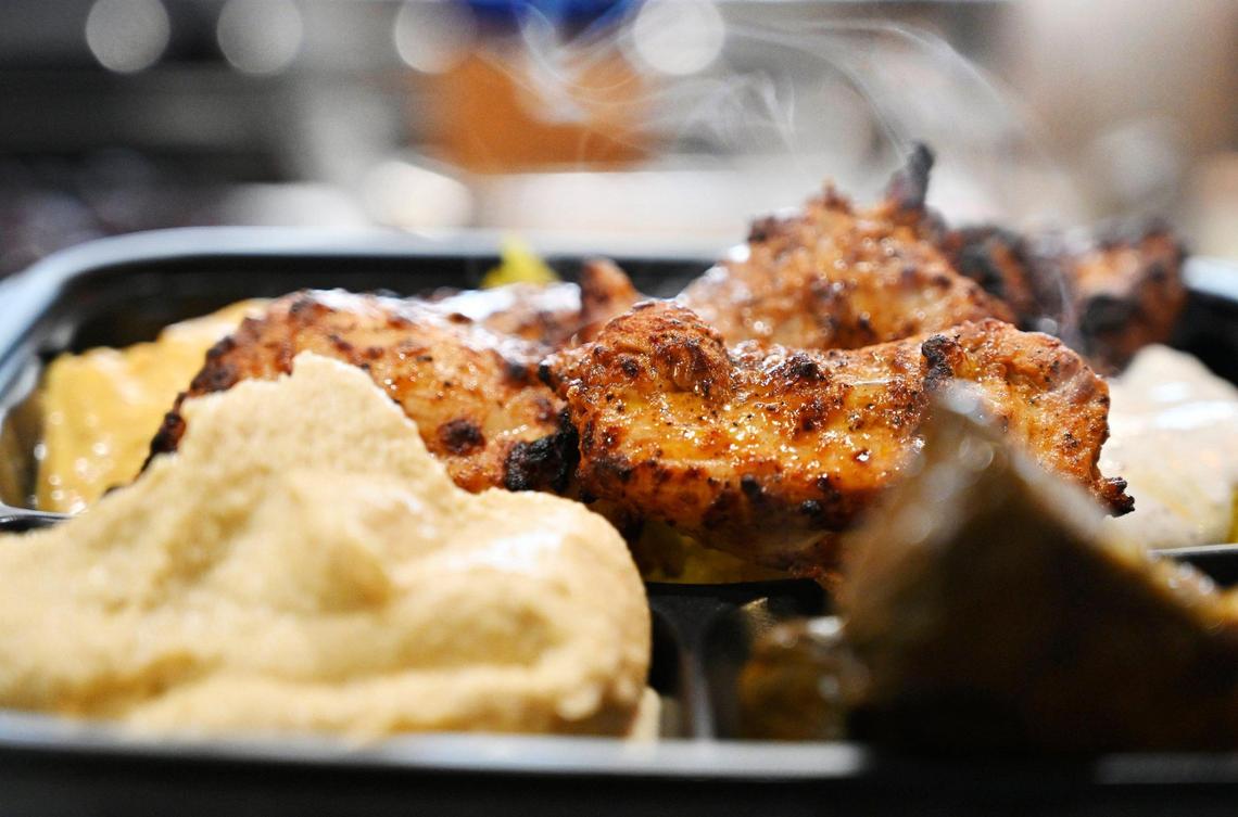 Chicken kebab from Zeus Fresh Mediterranean, a new eatery paired alongside Buttery Buns just south of Fresno at Highway 99 and North Avenue. Photographed Wednesday, June 21, 2023.