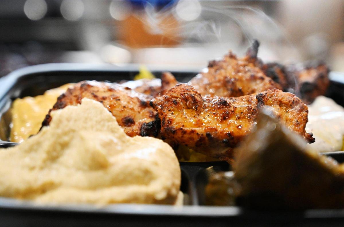 Chicken kebab from Zeus Fresh Mediterranean, a new eatery paired alongside Buttery Buns just south of Fresno at Highway 99 and North Avenue. Photographed Wednesday, June 21, 2023.