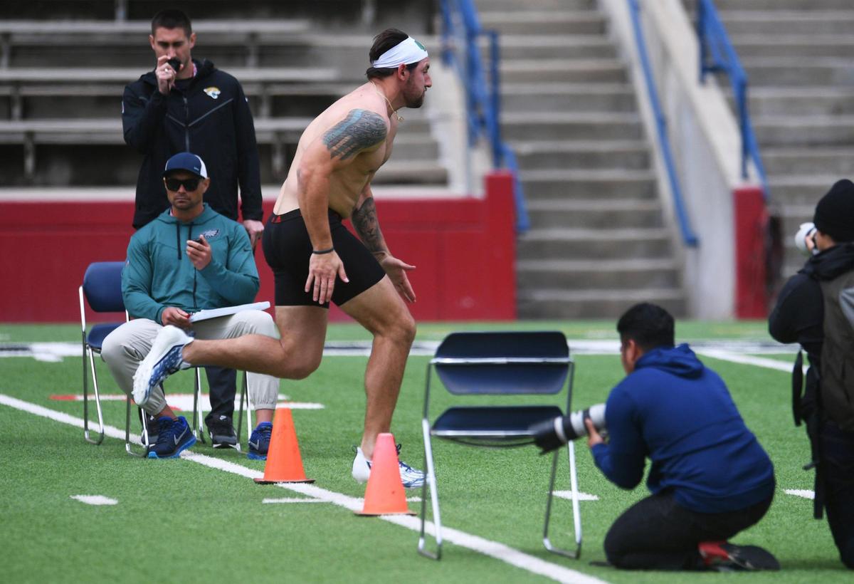 A player from Fresno State’s football program participates in Pro Day for NFL scouts at Valley Children’s Hospital Stadium Thursday, March 30, 2023 in Fresno.