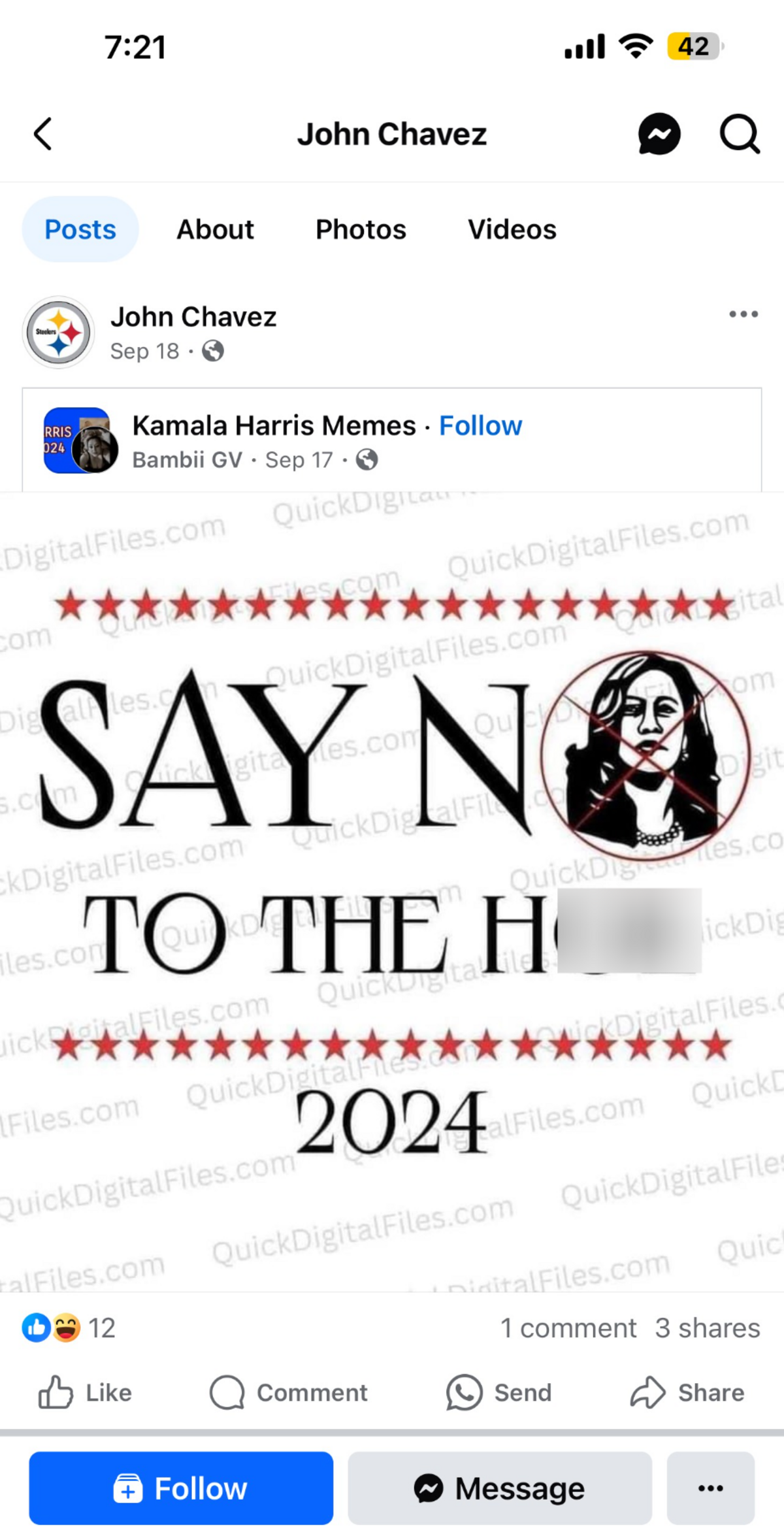 Una captura de pantalla de una publicación de Facebook hecha el 18 de septiembre de 2024 por el concejal de la ciudad de Chowchilla, John Chavez, incluye un meme que hace referencia a la vicepresidenta Kamala Harris con una vulgaridad sexista. El Fresno Bee censuró la groseria, que se refiere a mujeres que trabajan en la prostitución.