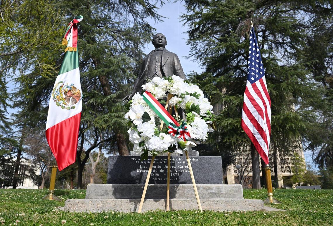 A wreath is placed in front of a statue of Benito Juarez following the Consulate of Mexico celebrating the 219th Anniversary of the birth of Benito Juarez in a ceremony in Fresno’s Courthouse Park, Friday morning, March 21, 2025 in downtown Fresno. Juarez was the first indigenous president of Mexico from 1858 through his death in 1872.