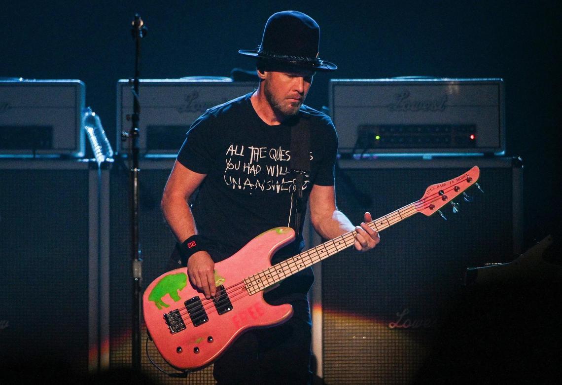 Pearl Jam bassist Jeff Ament performs with the band during their North American tour stop at the Save Mart Center in Fresno on Monday, May 16, 2022.