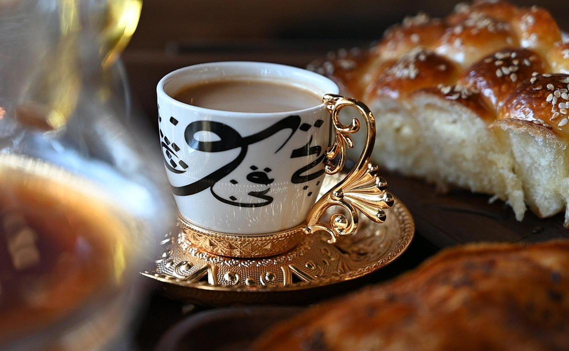 A traditional Yemeni coffee called mufawar, prepared in the Turkish style, along with pastries such as honeycomb, served at owner Ahmed Ghazaly’s Bab-Al-Yemen Coffee Shop.