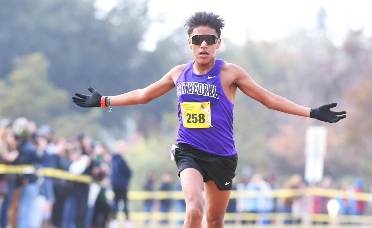 Cathedral’s Emmanuel Perez places first in the CIF Boys D-4 state cross country championship Saturday, Nov. 26, 2022 in Fresno.
