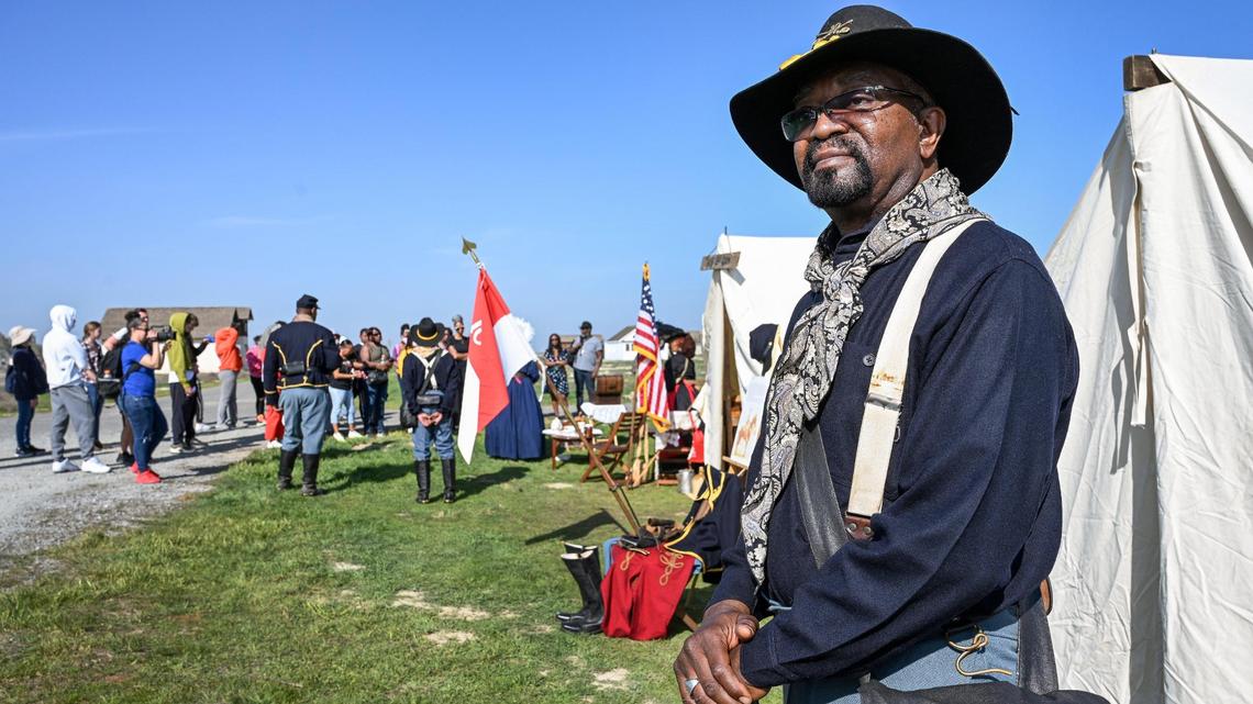 Clyde Phillips portrays a trooper with the Buffalo Soldier Mounted Cavalry Unit at the 46th Annual Black History Festival at Colonel Allensworth State Historic Park in southwest Tulare County on Saturday, Feb. 12, 2022.