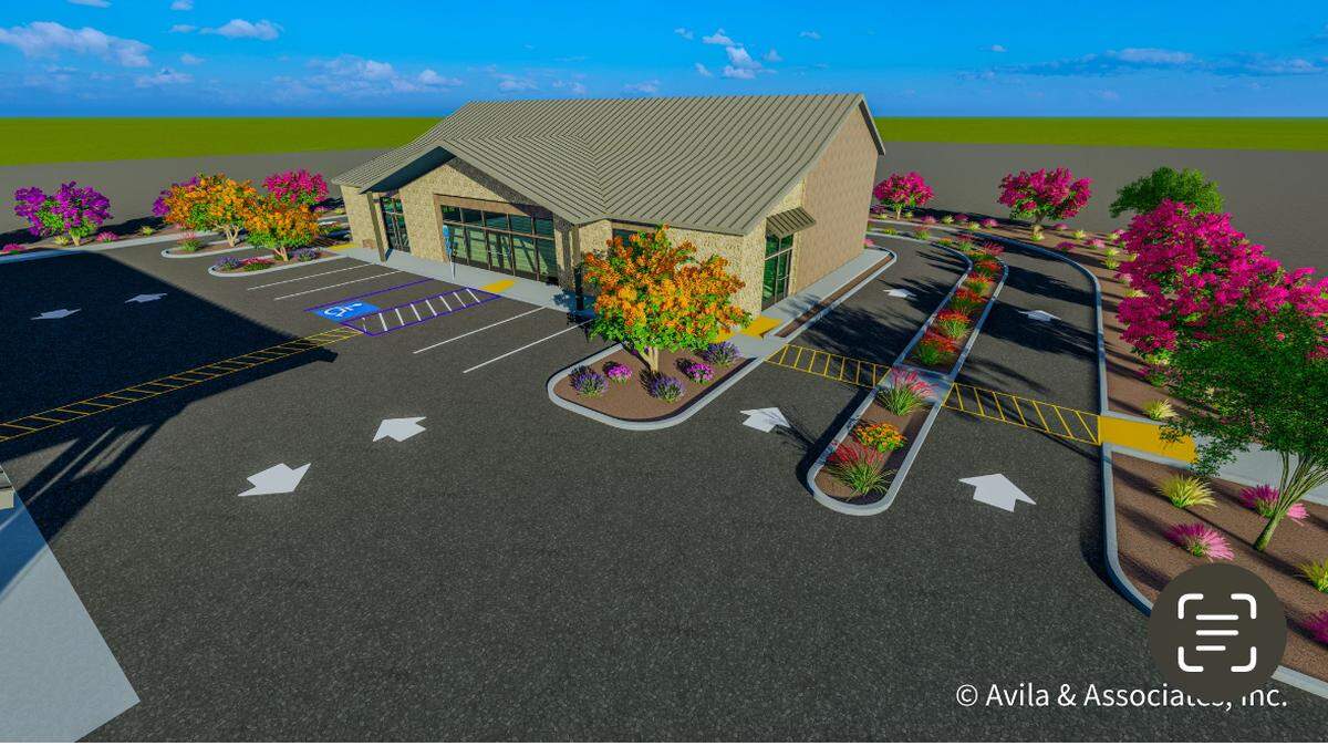A rendering shows what the Yosemite Travel Center will look like. The center will be located on the southeast corner of the intersection of Highway 41 and Tesoro Viejo Boulevard in Madera County.