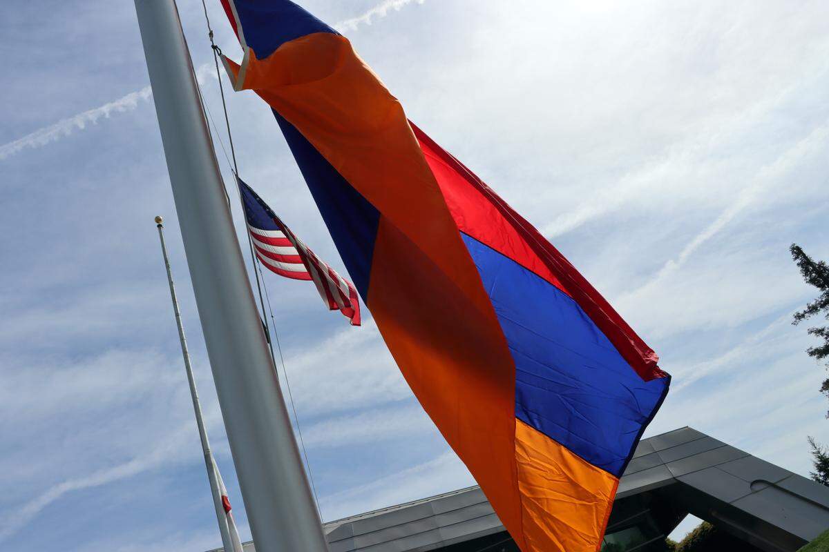The Armenian flag was raised at Fresno City Hall at the annual Armenian genocide commemoration and flag-raising ceremony at Fresno City Hall on April 24, 2025.