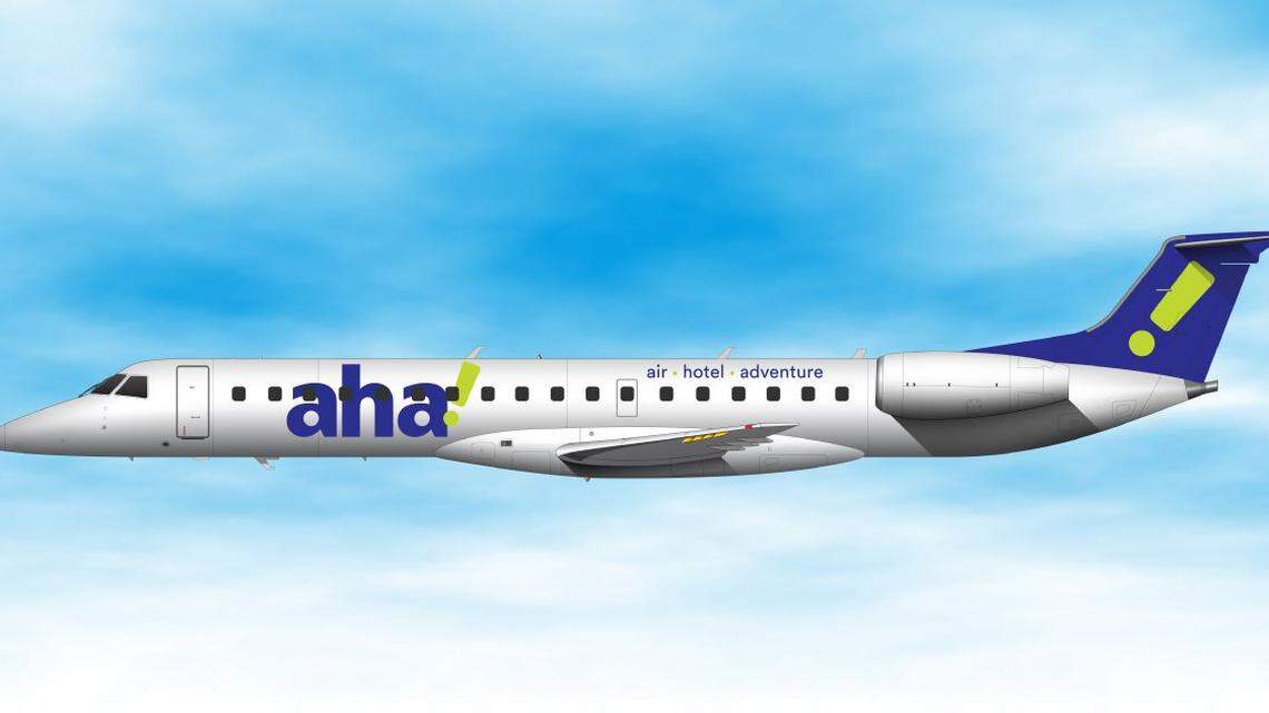 An artist’s rendering depicts an ExpressJet Airlines Embraer ERJ145 regional jet with the paint job of its new aja! leisure travel brand. The airline will begin three-times-a-week flights between Fresno and Reno starting in November 2021.