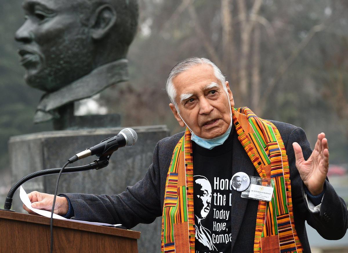 Dr. Sudarshan Kapoor speaks during ceremonies to the kick off the 38th annual events to remember and honor the slain civil rights leader Rev. Dr. Martin Luther King, Jr., at Courthouse Park, Friday Jan. 14, 2022. Kapoor is the chair and one of the founders of the Rev.&nbsp;Dr.&nbsp;Martin Luther King, Jr. Unity Committee of&nbsp;Fresno, since its inception in 1984.